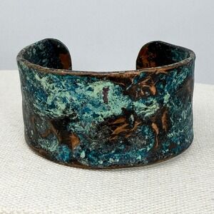 Artisan Copper Verdigris Patina Cuff Bracelet Wide Rustic Hammered Chunky